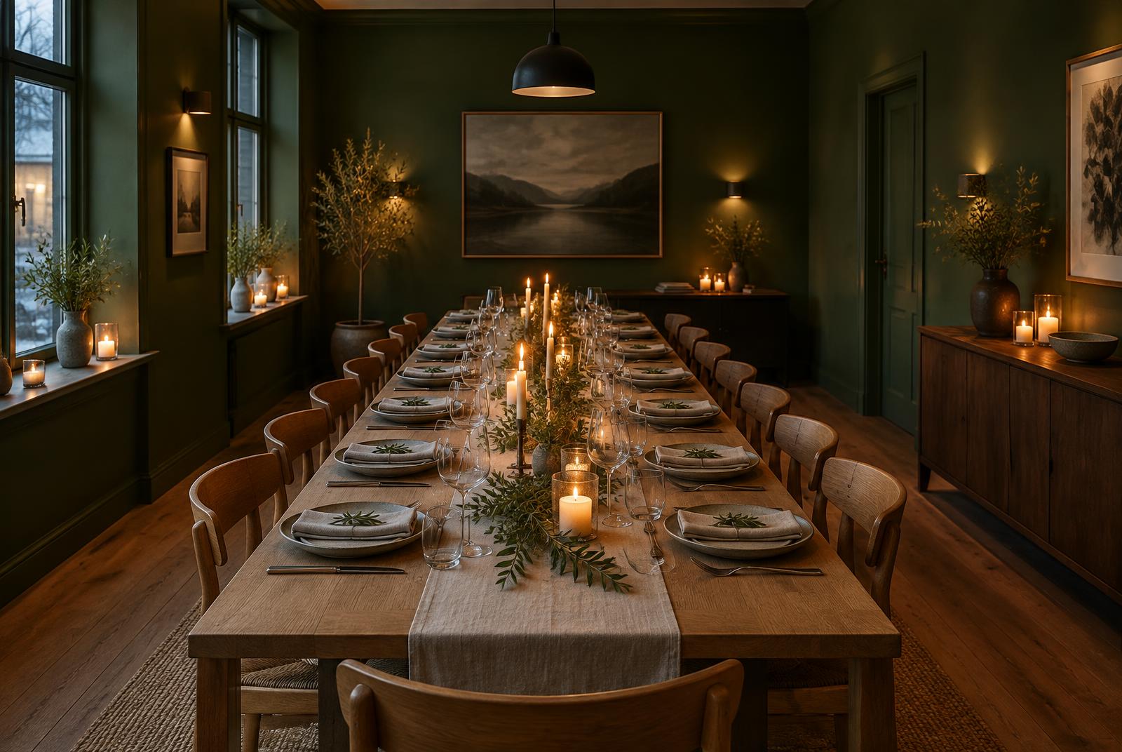Privat matsal med ett långt dukat ekbord, levande ljus och gröna väggar