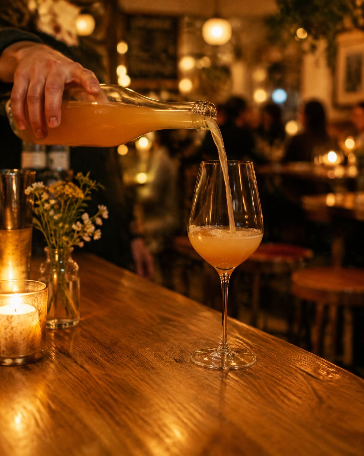 En hand häller grumligt orangevin i ett tunt vinglas på en bardisk i ekträ