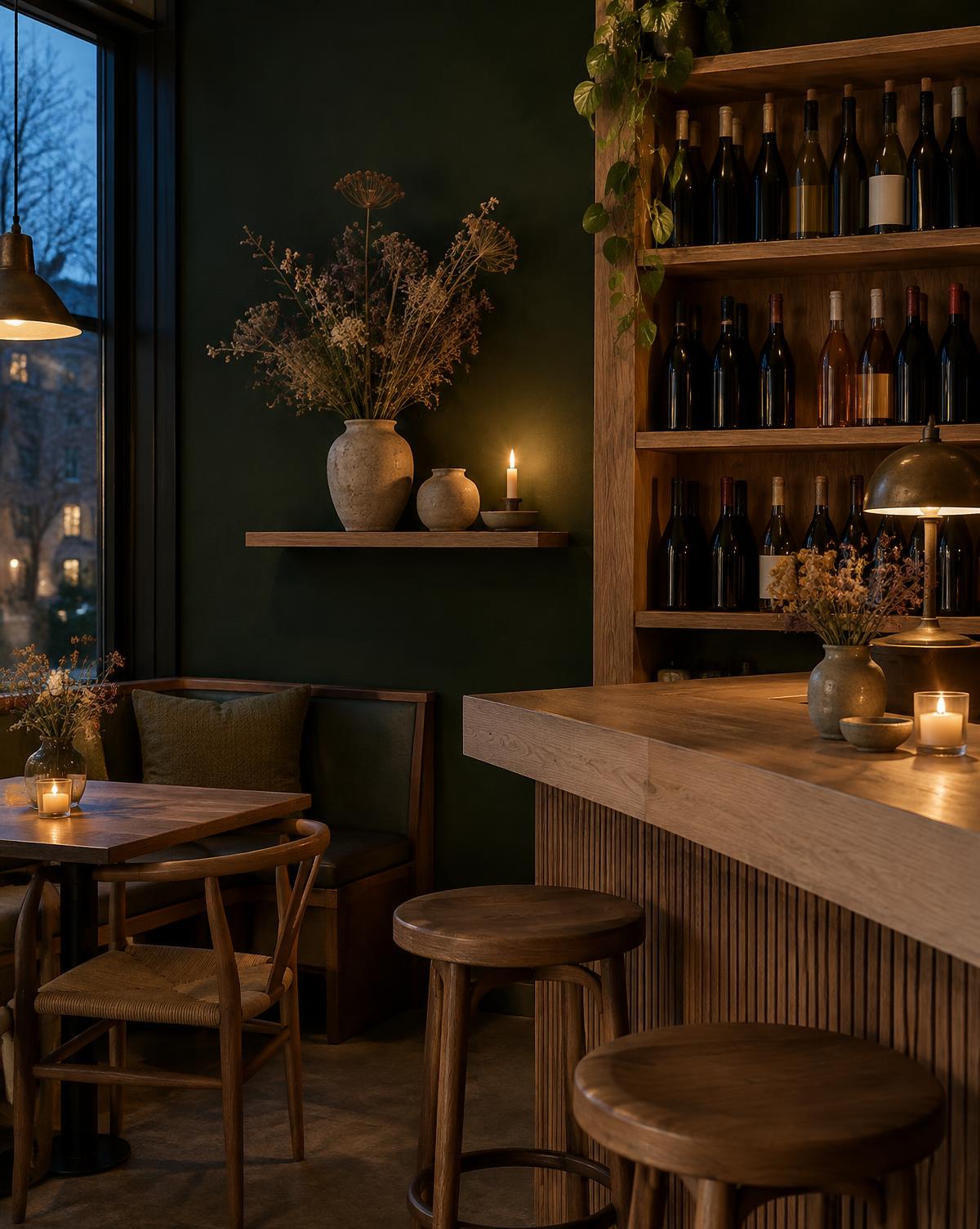 Barhörna med vinhyllor i ek, torkade blommor och levande ljus